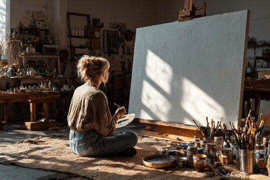 artist working on canvas in studio
