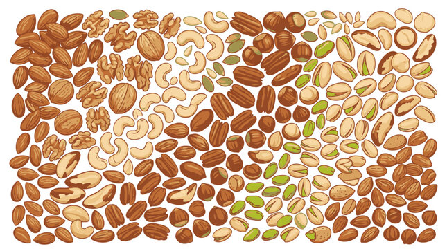 Variety of roasted nuts assortment.