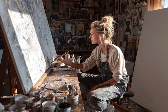 artist working on canvas in creative studio