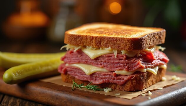 Thick corned beef piled high with melted swiss cheese and sauerkraut between toasted rye bread slices. Served with a dill pickle spear and rosemary sprig.