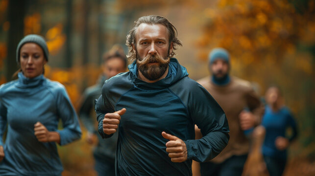 Group of runners in autumn forest trail.