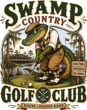 Swamp Country Golf Club Alligator Golfer Design, Funny Golf Gator, Southern Golf Lover Gift, Golf Dad Graphic, Golf Club, Swamp Golf Art