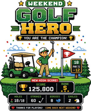 Weekend Golf Hero Retro 8-Bit Golf Gamer Design, Pixel Golf Champion Graphic, Golf Video Game, Funny Golfer Gift, Weekend Golfer