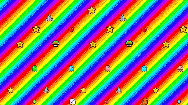 Retro pixel art rainbow background, colorful 8-bit video game pattern with stars and icons, nostalgic gaming aesthetic wallpaper for streaming