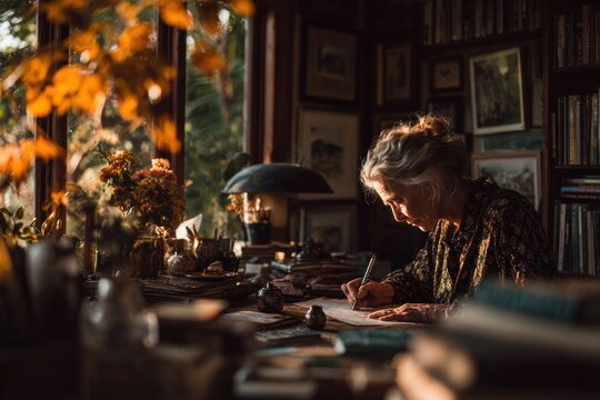 elderly woman writing at her desk