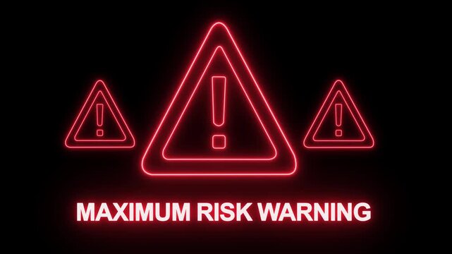 Vibrant neon red maximum risk warning sign animation featuring glowing triangular hazard and bold text for high-stakes industrial safety alerts, cybersecurity threats, and emergency notification