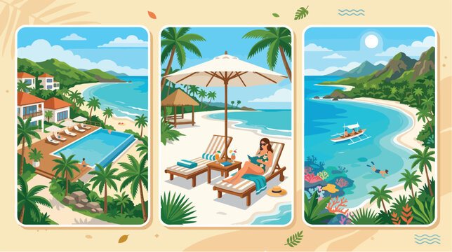 Three vibrant travel illustrations depicting a luxurious tropical beach resort with palm trees a relaxing woman reading under a parasol and people snorkeling in blue waters