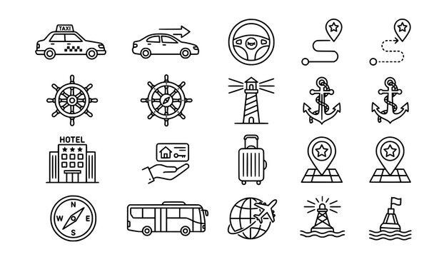 Travel and transport line icon collection with taxi helm lighthouse hotel vector symbols