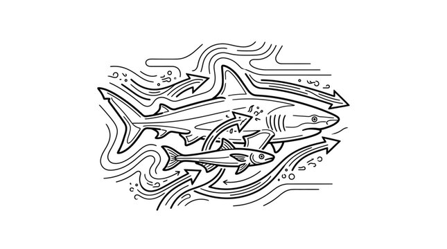 Abstract shark and remora energy flow conceptual illustration.