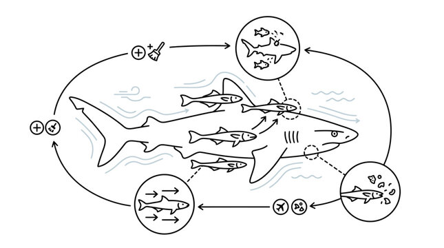 Marine life mutualism cycle diagram with shark and remoras