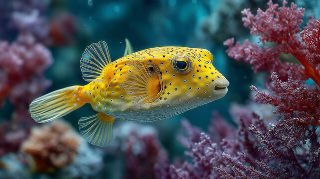 A yellow boxfish covered in black spots swimming past delicate reddish-pink soft corals.