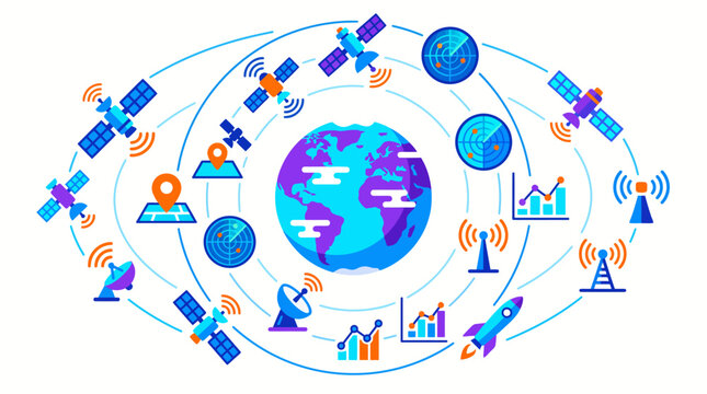 Futuristic space communication icon set and global satellite network orbiting planet earth with radar, signal tower, and data graph elements.