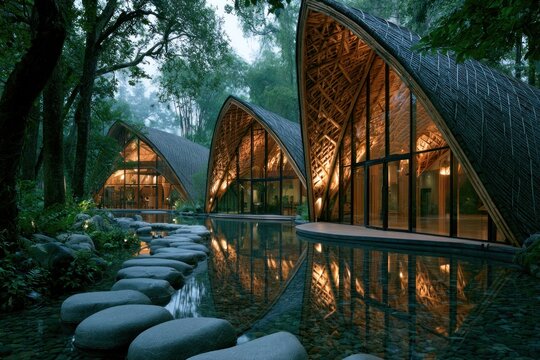 modern glass pavilions in forested landscape
