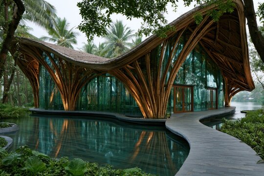 sustainable bamboo structure surrounded by nature