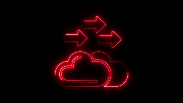 Neon red cloud computing with moving arrows animation