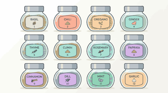 Vector illustration of twelve glass jars filled with various kitchen herbs and spices.