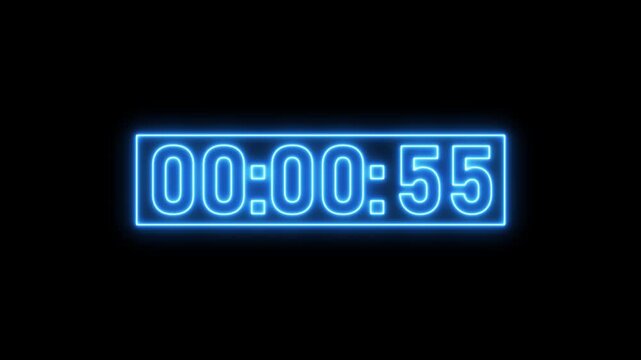 Neon blue digital countdown timer overlay on black background