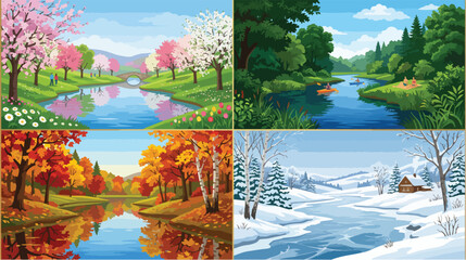Naklejka premium Four beautiful seasonal landscape scenes depicting nature transitions from spring flowers and summer greenery to golden autumn leaves and a serene snowy winter forest river view