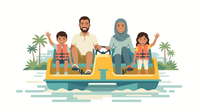 Muslim Family with Children on Pedal Boat Summer Vacation Illustration