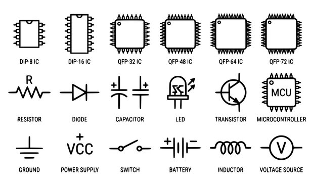 Electronic components icon set IC chips resistor diode and capacitor vector isolated on white background