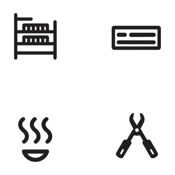 Set of Minimalist Line Art Icons Featuring a Shelving Unit a Rectangular Form a Steaming Bowl and Industrial Hand Pliers for Design Projects