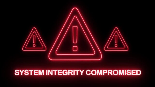 Cyber security alert warning sign featuring glowing red neon triangles and the text system integrity compromised displayed on a dark background, for digital data, breach and networks