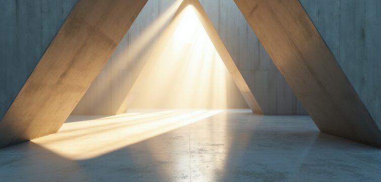 Sunlight streams through modern concrete architecture creating dramatic shadows, light beams. Minimalist interior design with geometric shapes, natural light. Clean space, bright atmosphere, airy