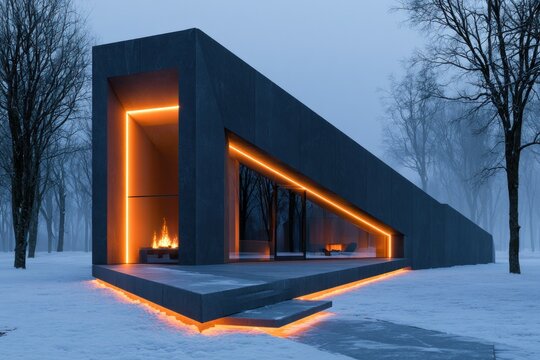 modern cabin with glowing fireplace in snowy forest
