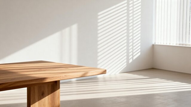 Minimalist room with wooden table and sunlight
