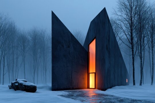 lonely cabin in snowy misty forest