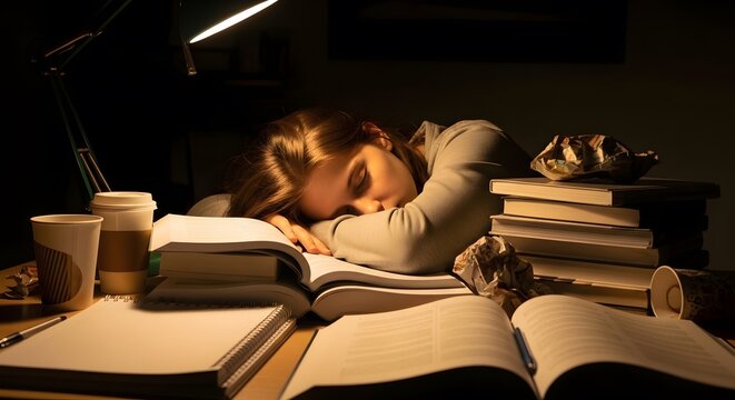 Exhausted tired student sleeping on desk full of books library night