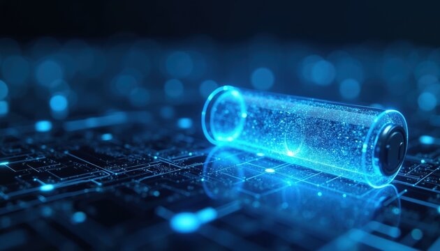 Futuristic battery glows with blue energy on digital circuit board. New power tech stores clean energy for future devices and vehicles. Innovation advances energy storage solutions for digital age.