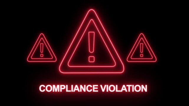 Animated neon compliance violation warning sign with glowing red exclamation mark triangles for corporate security, cybersecurity risk alerts, data privacy protection, and digital safety policy