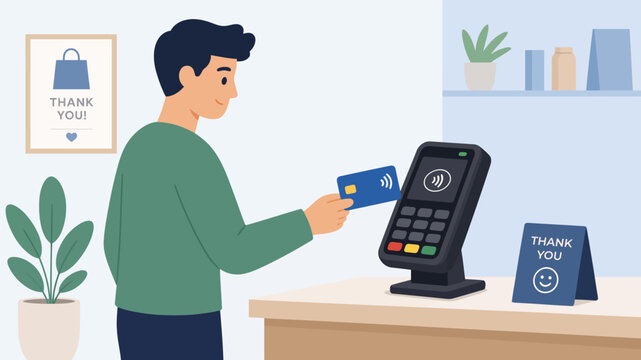 Man making a secure contactless payment with a credit card at a retail POS terminal in a modern store illustration