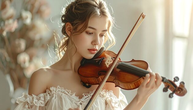 A young woman, hair elegantly styled, plays a violin indoors near flowers, bathed in soft, natural light, creating a serene atmosphere