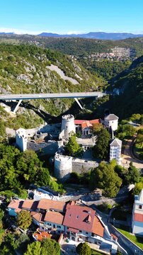 Aerial drone flying over trsat castle in rijeka croatia