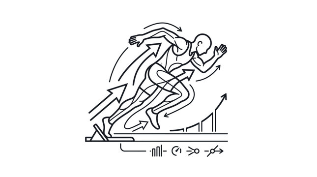 Sprinter starting race from blocks biomechanics line art.