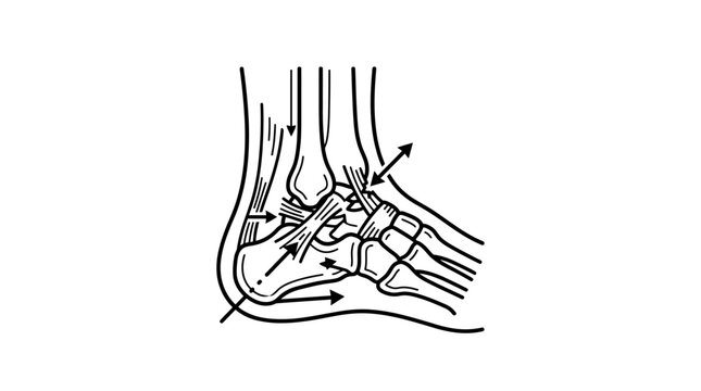 Anatomical diagram of ankle joint bones and movement vectors.