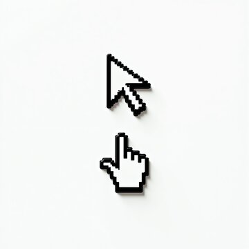 Pixel art cursor icons arrow and hand pointer on white background. Digital interface pointers for selection and navigation. Choose, click select, point on screen.