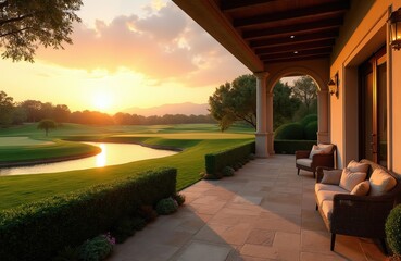 Fototapeta premium Luxury patio furniture overlooks golf course lake at sunset. Elegant resort veranda with seating offers serene panorama, tranquil water reflection, golden hour light.