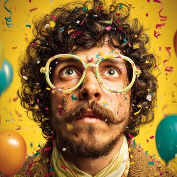 Playful disguise for april fool's day fun. Studio shot. Comical disguise ensemble with party elements in vivid yellow setting. Sharp image. Design template.