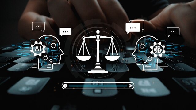 Conceptual image illustrating the balance between artificial intelligence and human judgment with legal themes and technology integration in a digital context. Entropy.