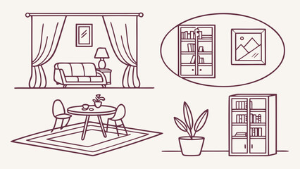 Fototapeta premium Home interior furniture line art set with furniture interior bookshelf