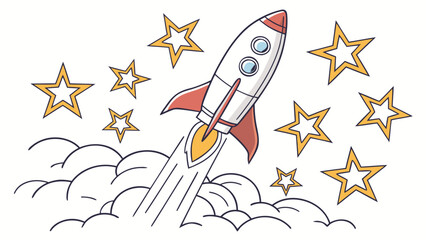 Cartoon rocket ship launching into space surrounded by stars and smoke © sosi