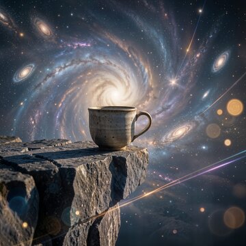 ☝️
A solitary, antique coffee cup rests precariously on the edge of a cliff overlooking a swirling, nebulae-filled sky.