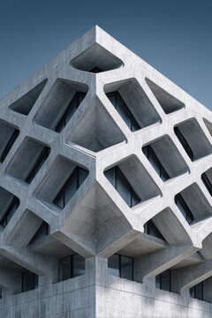 modern concrete building with geometric windows