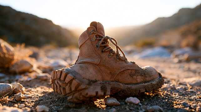 Close View of Muddy Hiking Boot Sole on Gravel Trail in Mountain Landscape