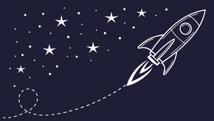 Minimalist rocket ship launching into starry space background with astronomy © kona