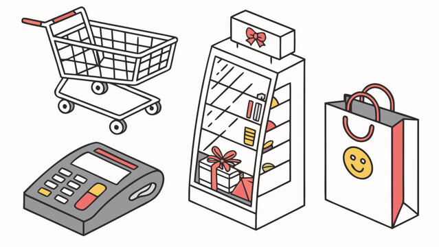 Shopping and retail concept illustration with cart and payment terminal