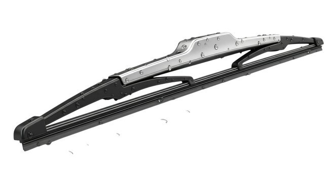 Silver windshield wiper blade with black rubber insert detailed metallic construction on transparent background wiperblade windshieldwiper